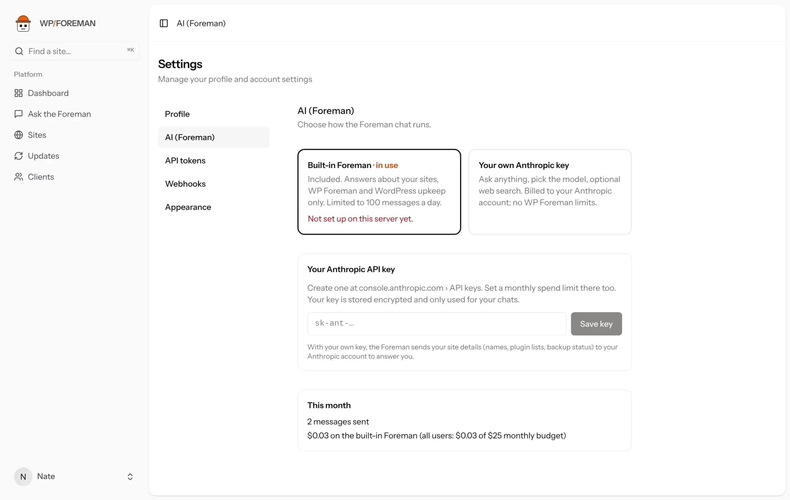 Settings › AI with the built-in and own-key options