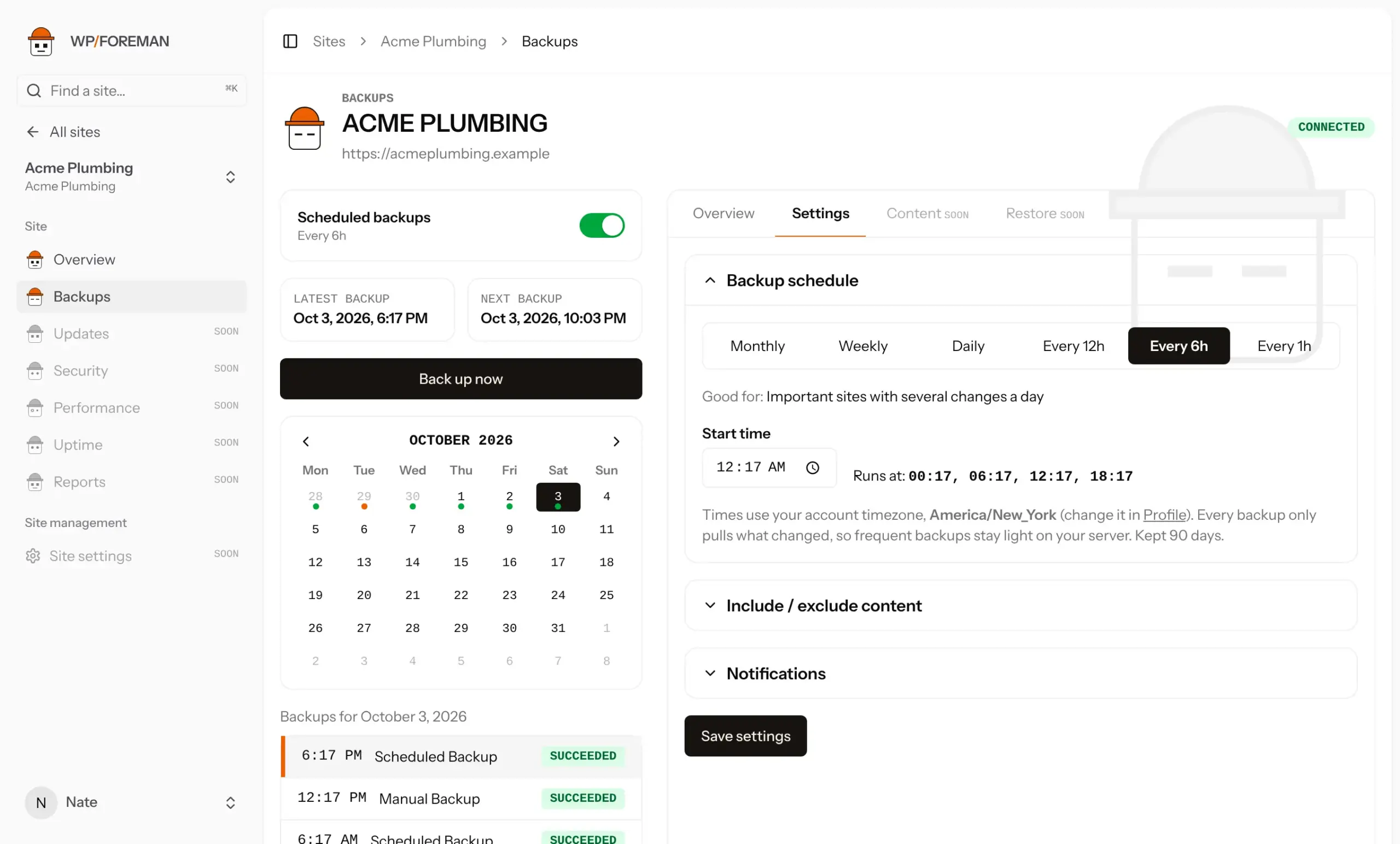 Backup schedule settings with frequency buttons and a start time