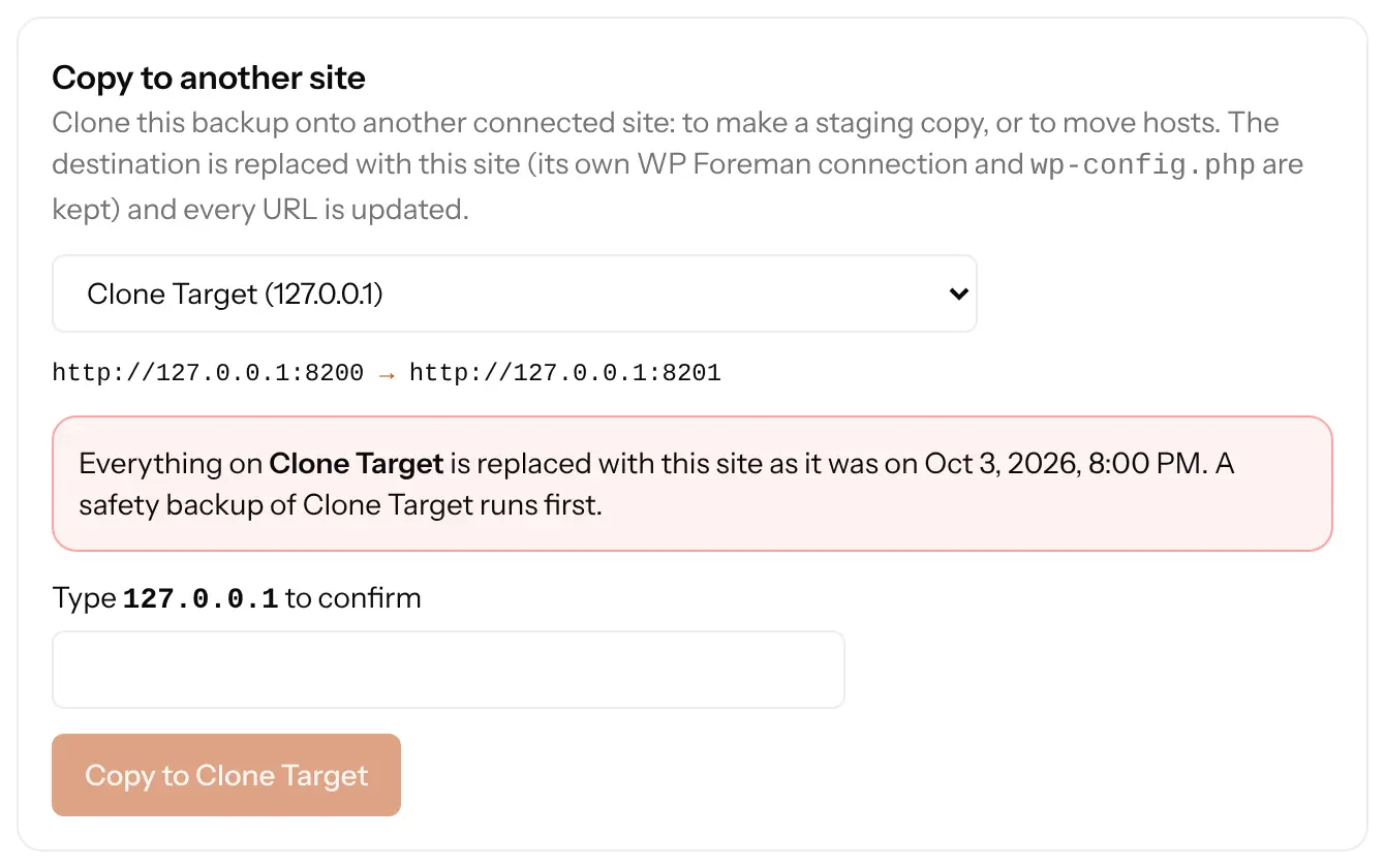 Copy to another site, with the destination picked and the URL change shown