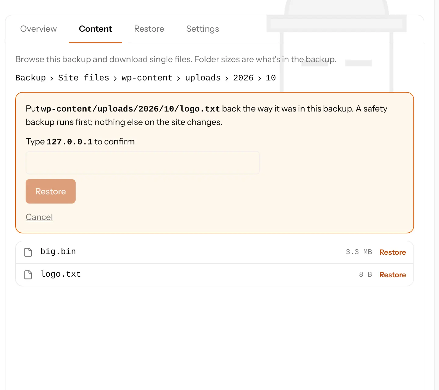 Restoring a single file from the Content tab