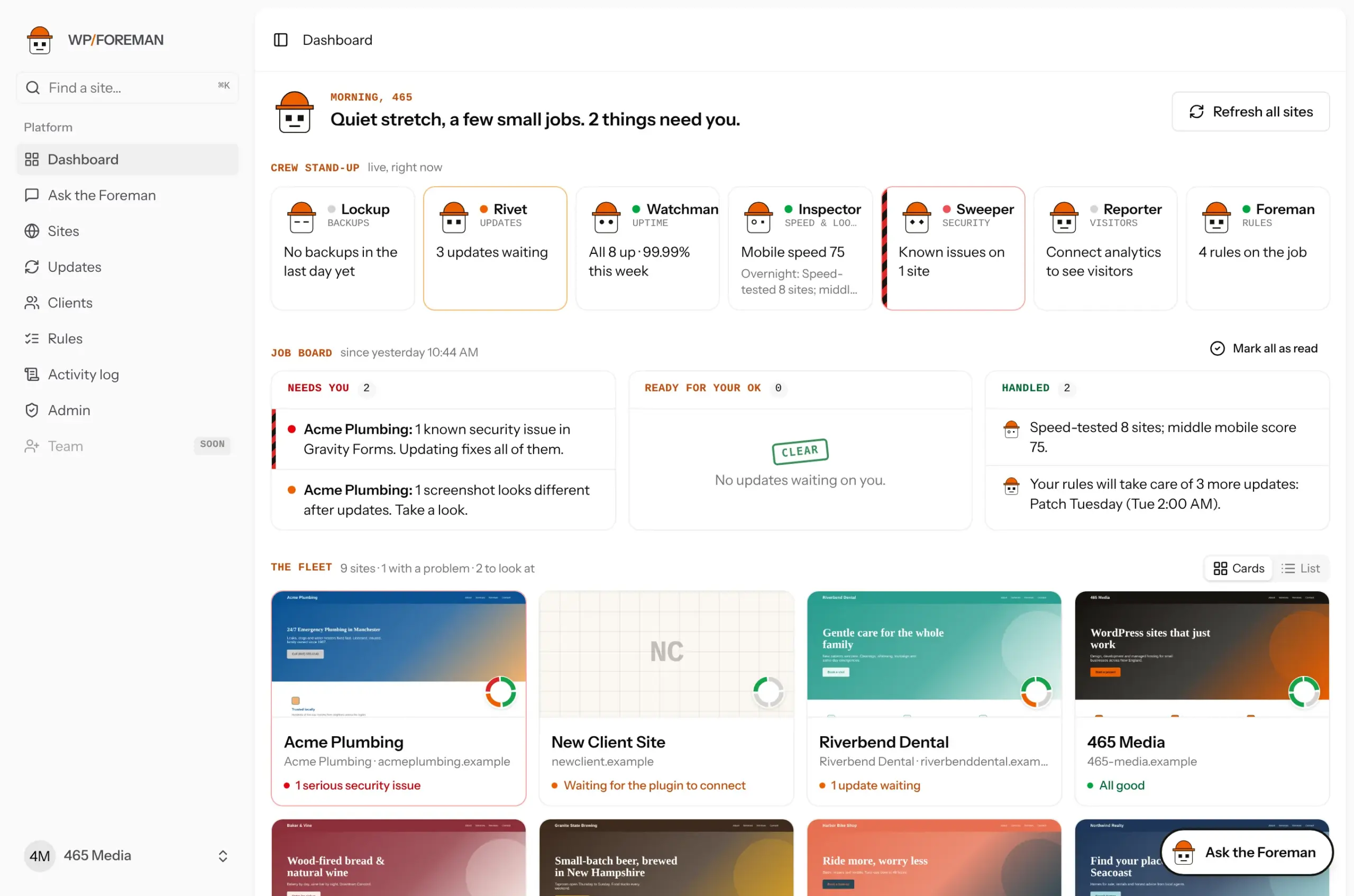 The dashboard: the crew’s stand-up, the job board and your fleet