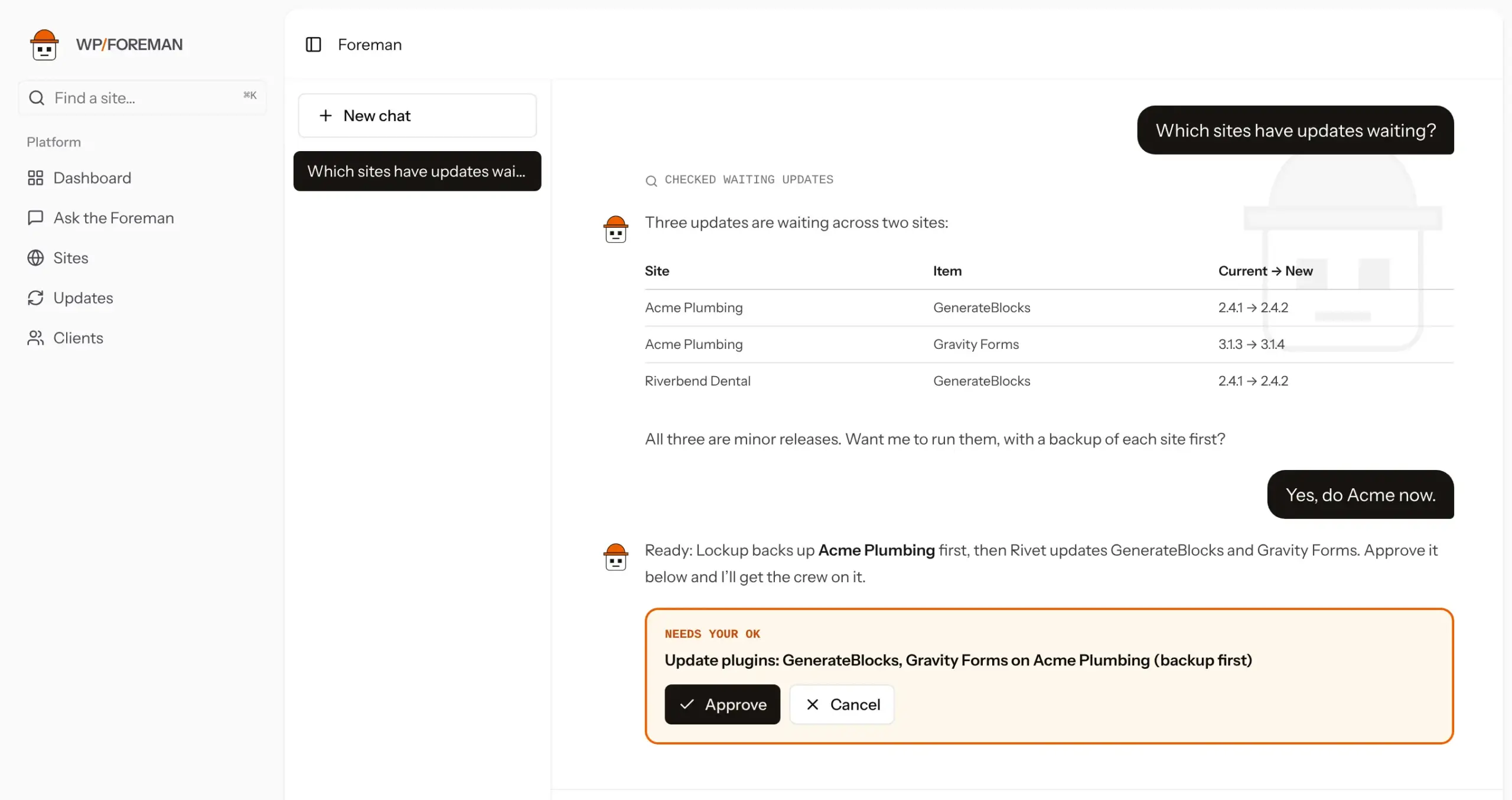 A Foreman chat with a table of waiting updates and an approval card