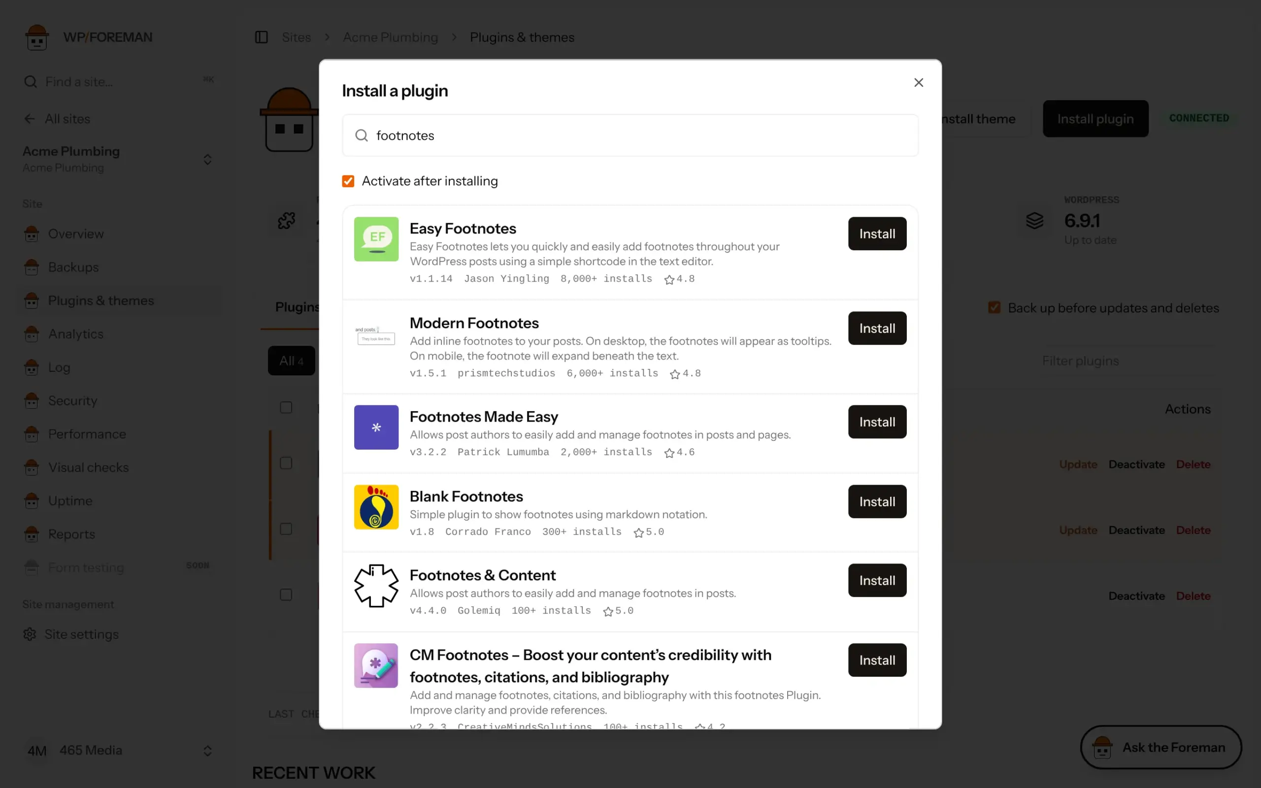 Install a plugin dialog with wordpress.org search results