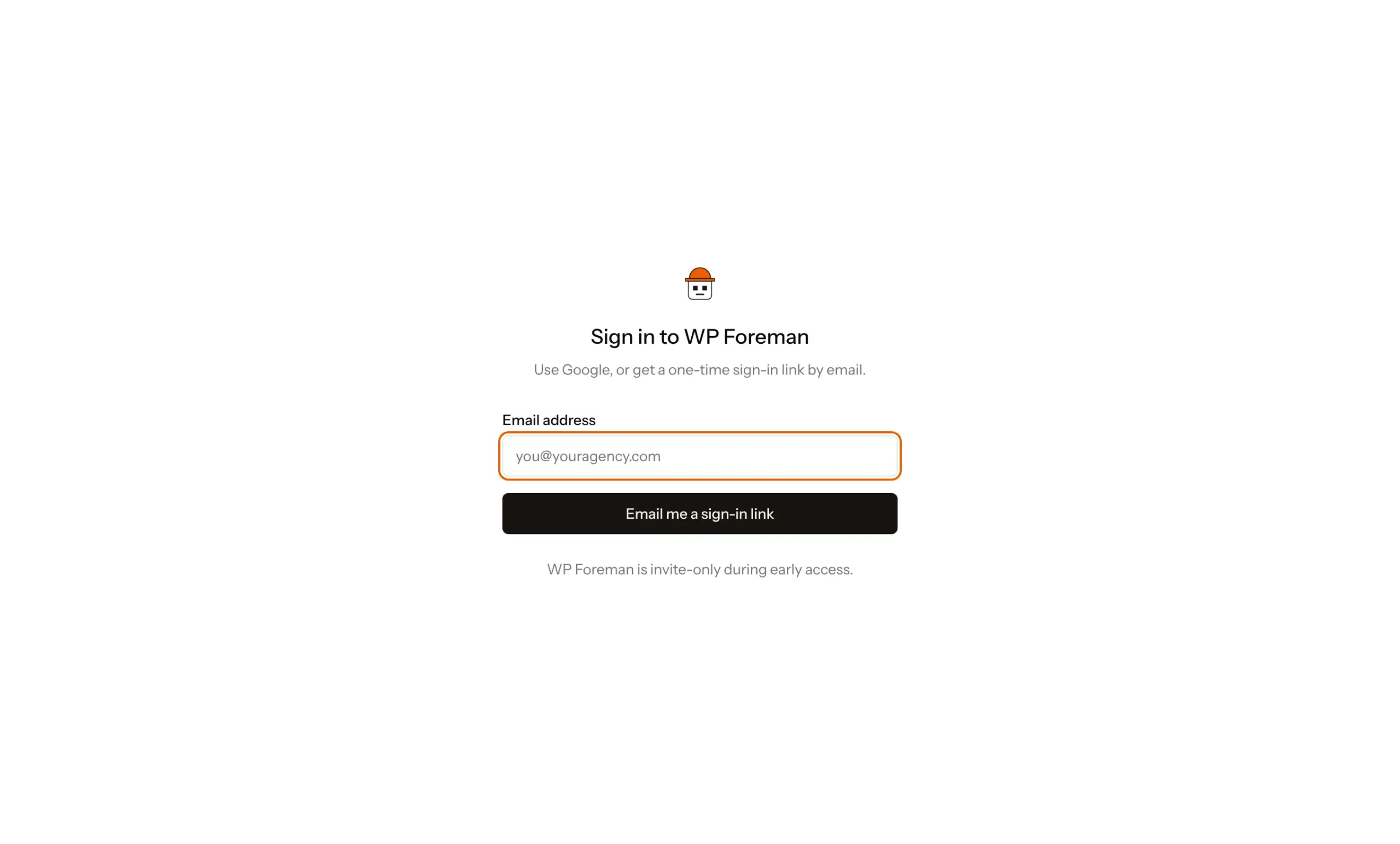 The WP Foreman sign-in screen with an email field and a Google button