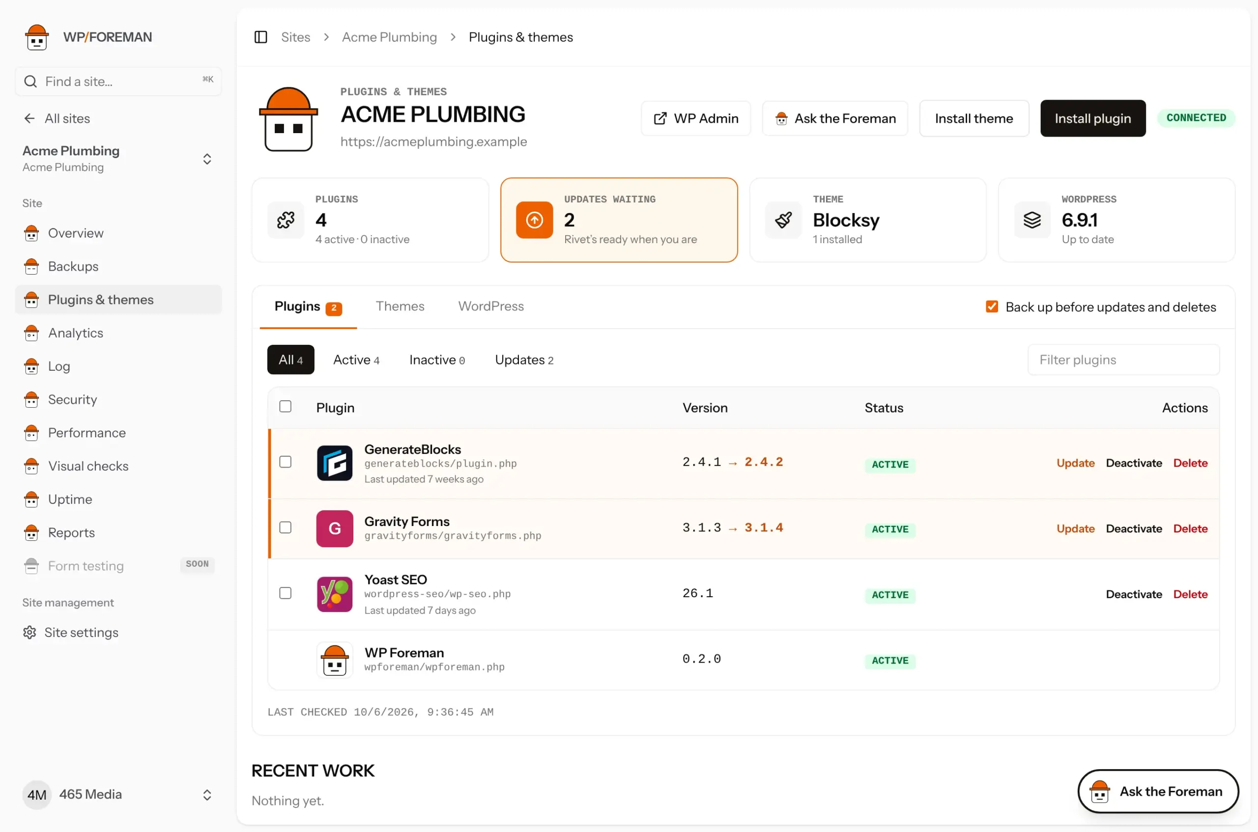 The Plugins & themes page with filters, update and delete actions