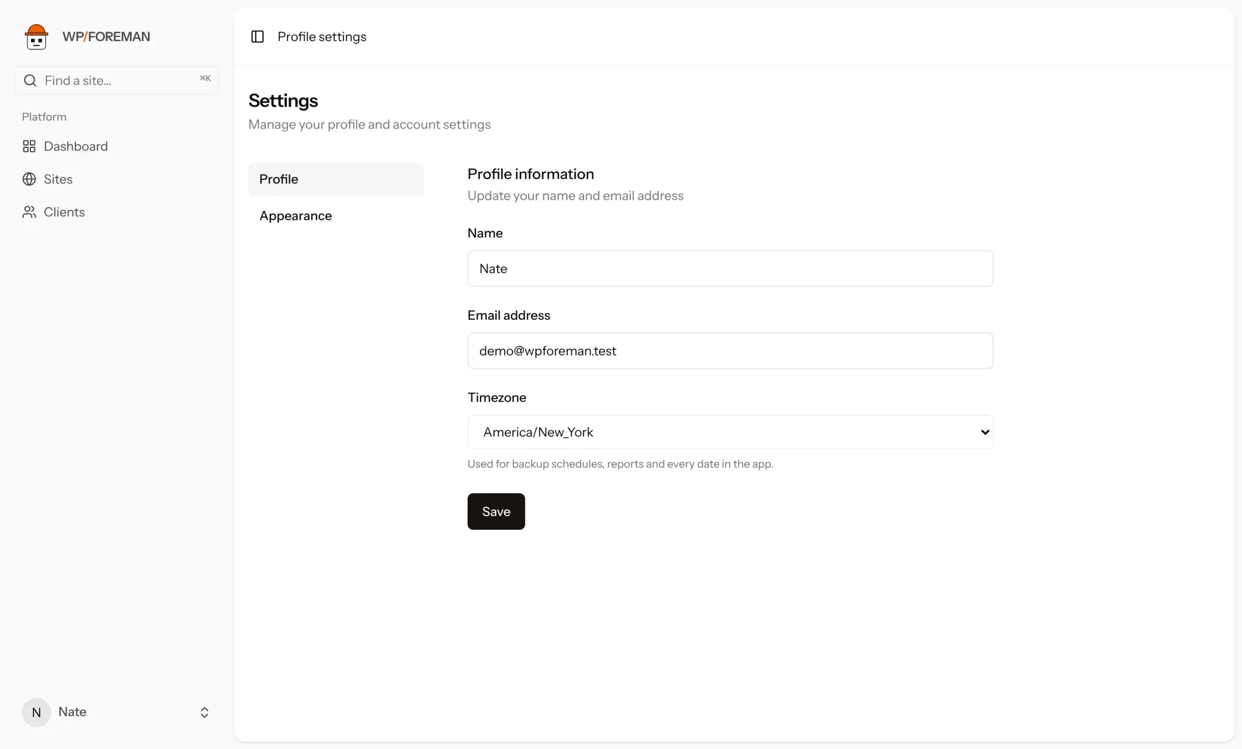 Profile settings with a Timezone menu