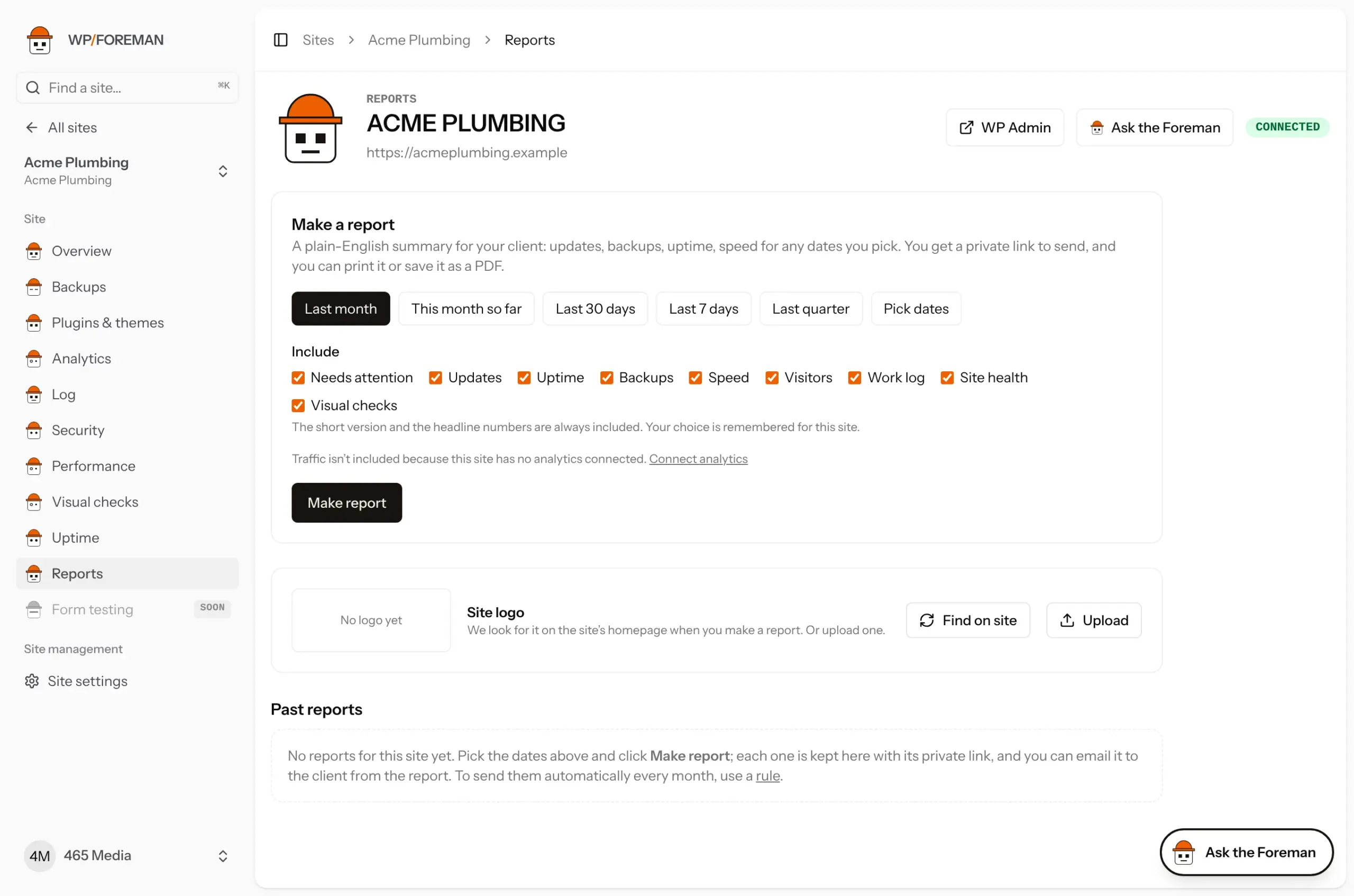 A site’s Reports page