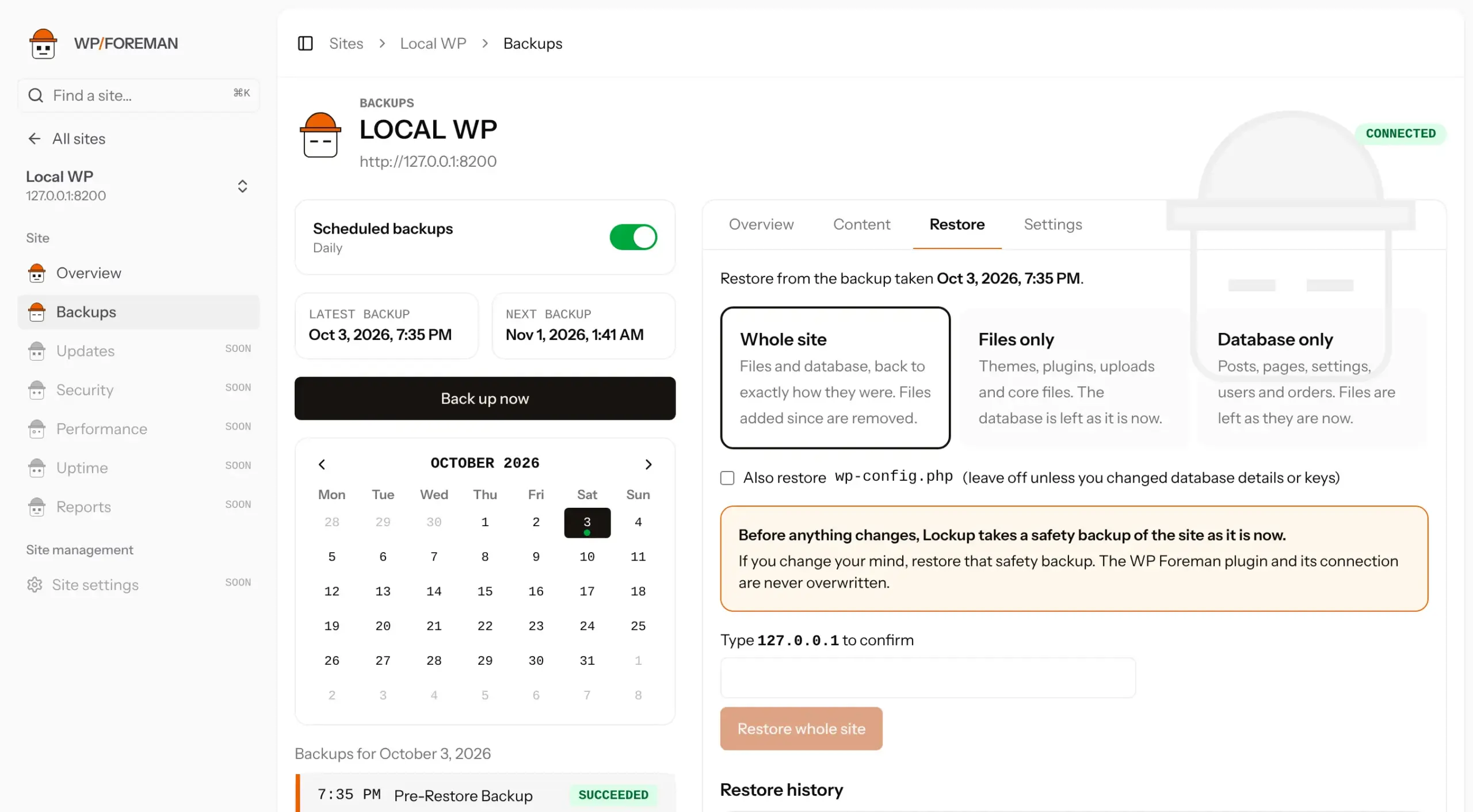 The Restore tab with Whole site, Files only and Database only options and a confirm box