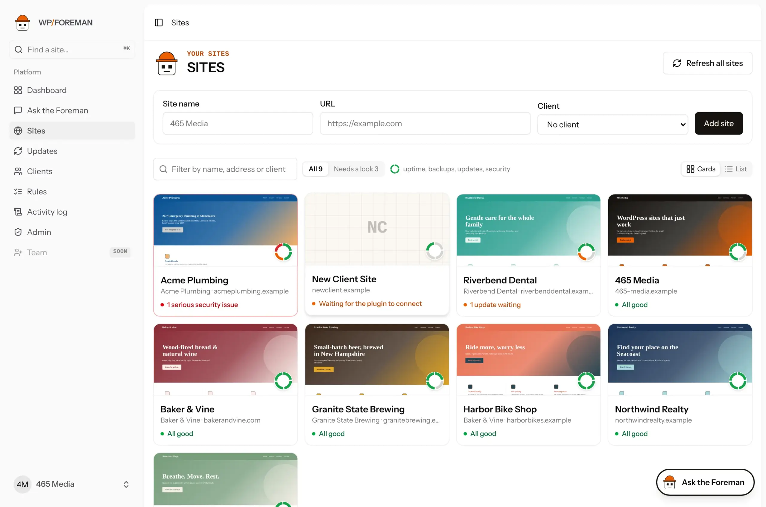 The Sites page with the add-site form and a list of sites