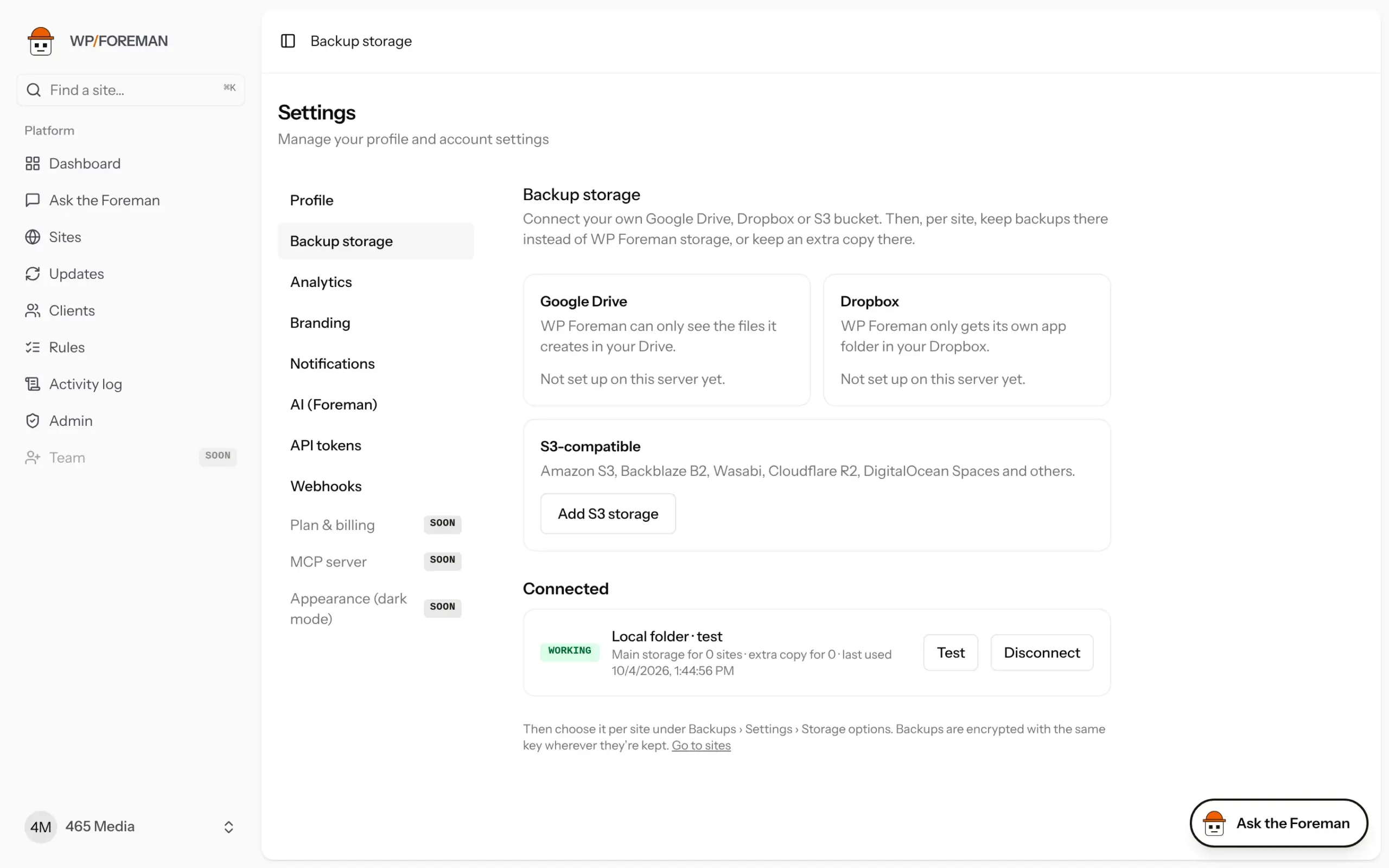 Settings › Backup storage