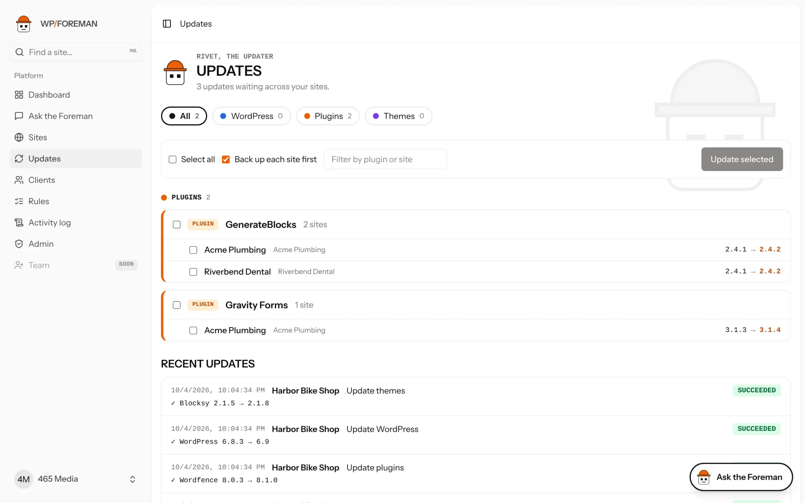 The Updates page grouped by plugin with sites and versions